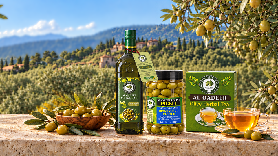 Al Qadeer olive oil, brine olive pickle and olive herbal tea on a stone table in a sunlit olive grove